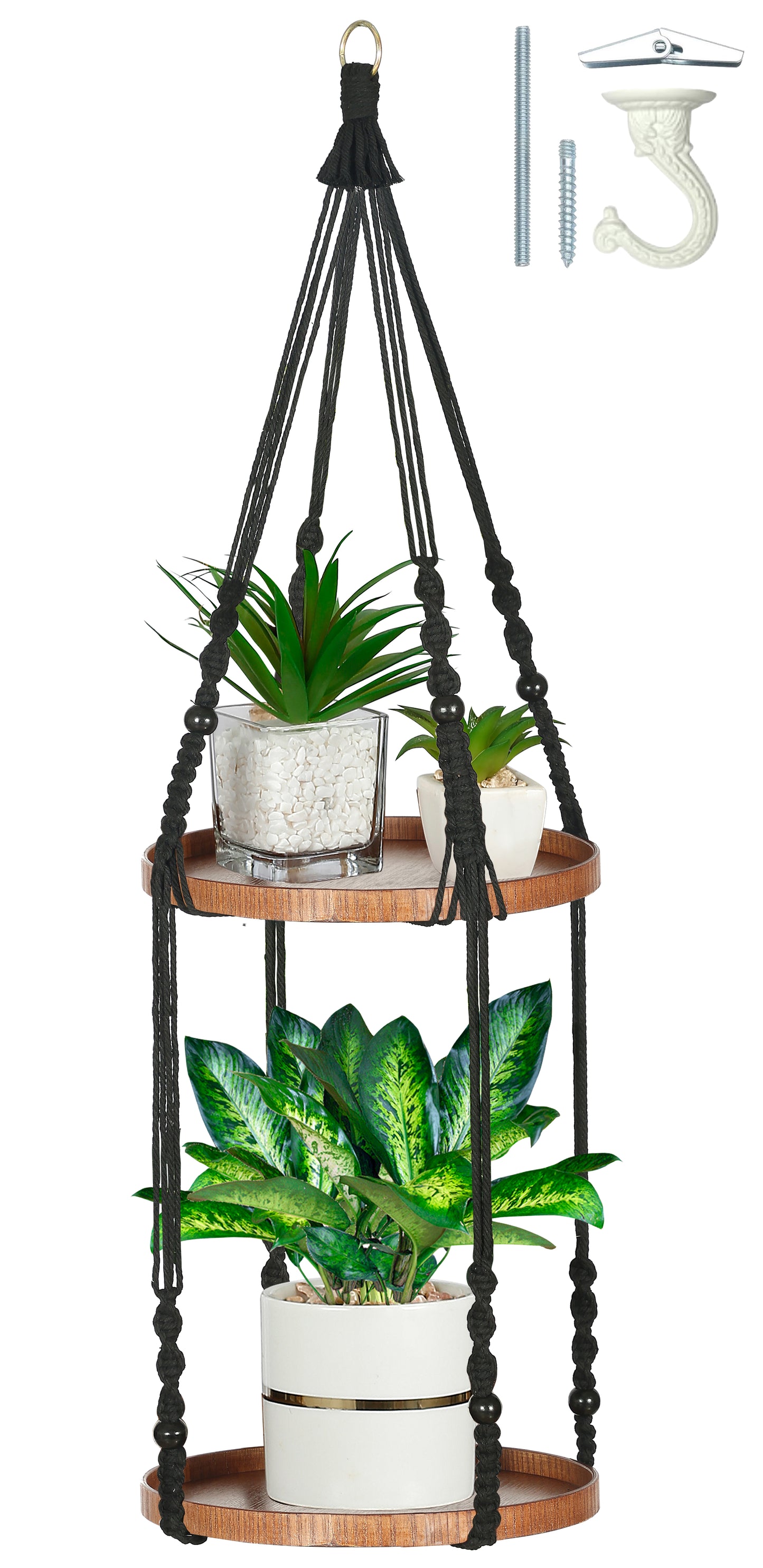 2 Tier Macrame Cotton Plant Hanger with Wooden Tray